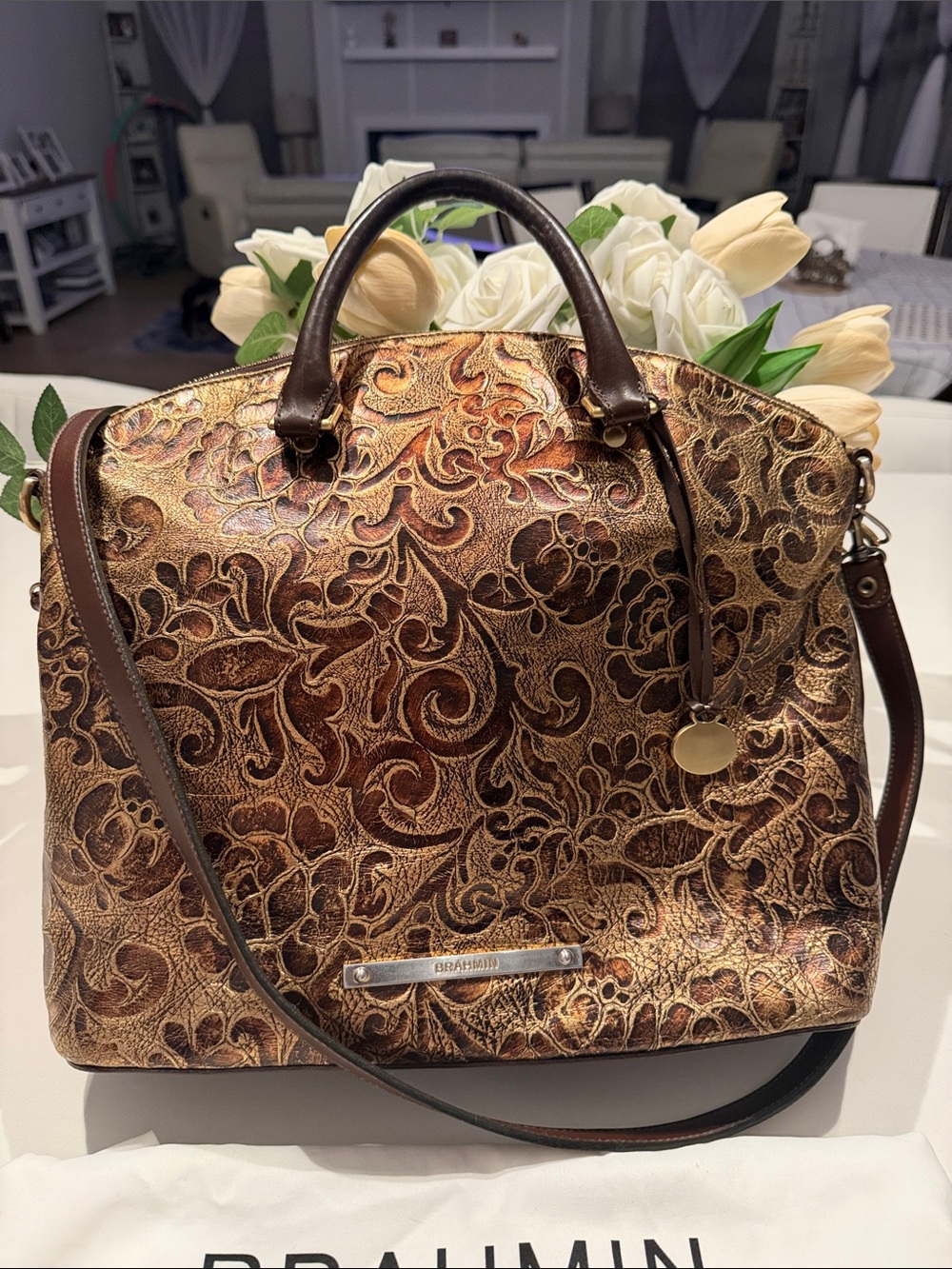Brahmin Large Duxbury Metallic Floral Embossed Satchel in Brown and Gold